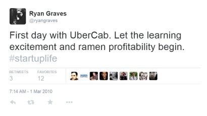 Tweet from Ryan Graves the day he started working at Uber